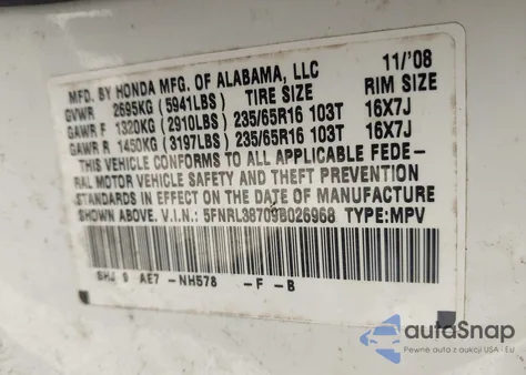 2009 Honda Odyssey Ex-L z USA, uszkodzony, nr VIN 5FNRL38709B026968